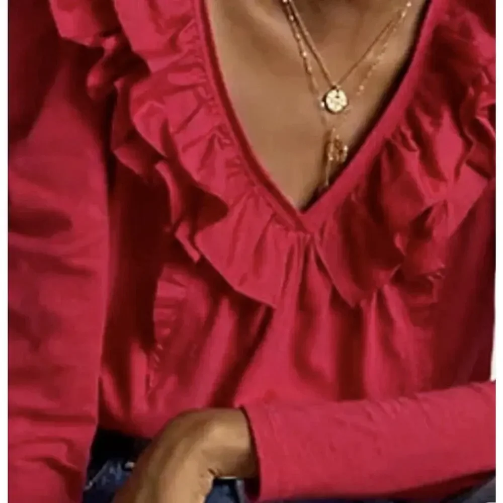 Anthropologie Ruffled V-Neck Top Pink M - Picture 3 of 7